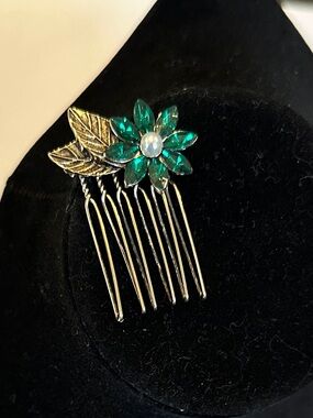 Gold Hair Comb with Emerald Color Flower Accent, small, READ DESCRIP
